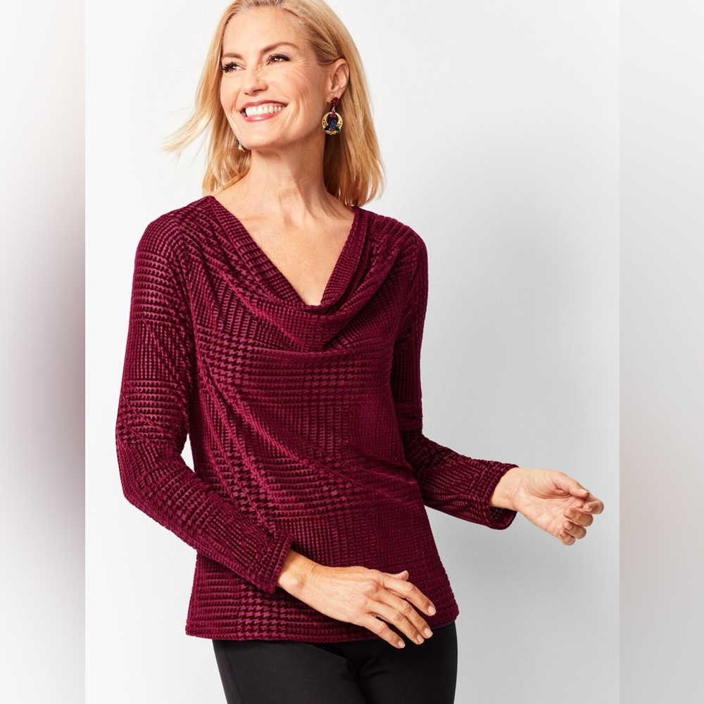 HOUNDSTOOTH VELVET BURNOUT COWLNECK TOP Size Large